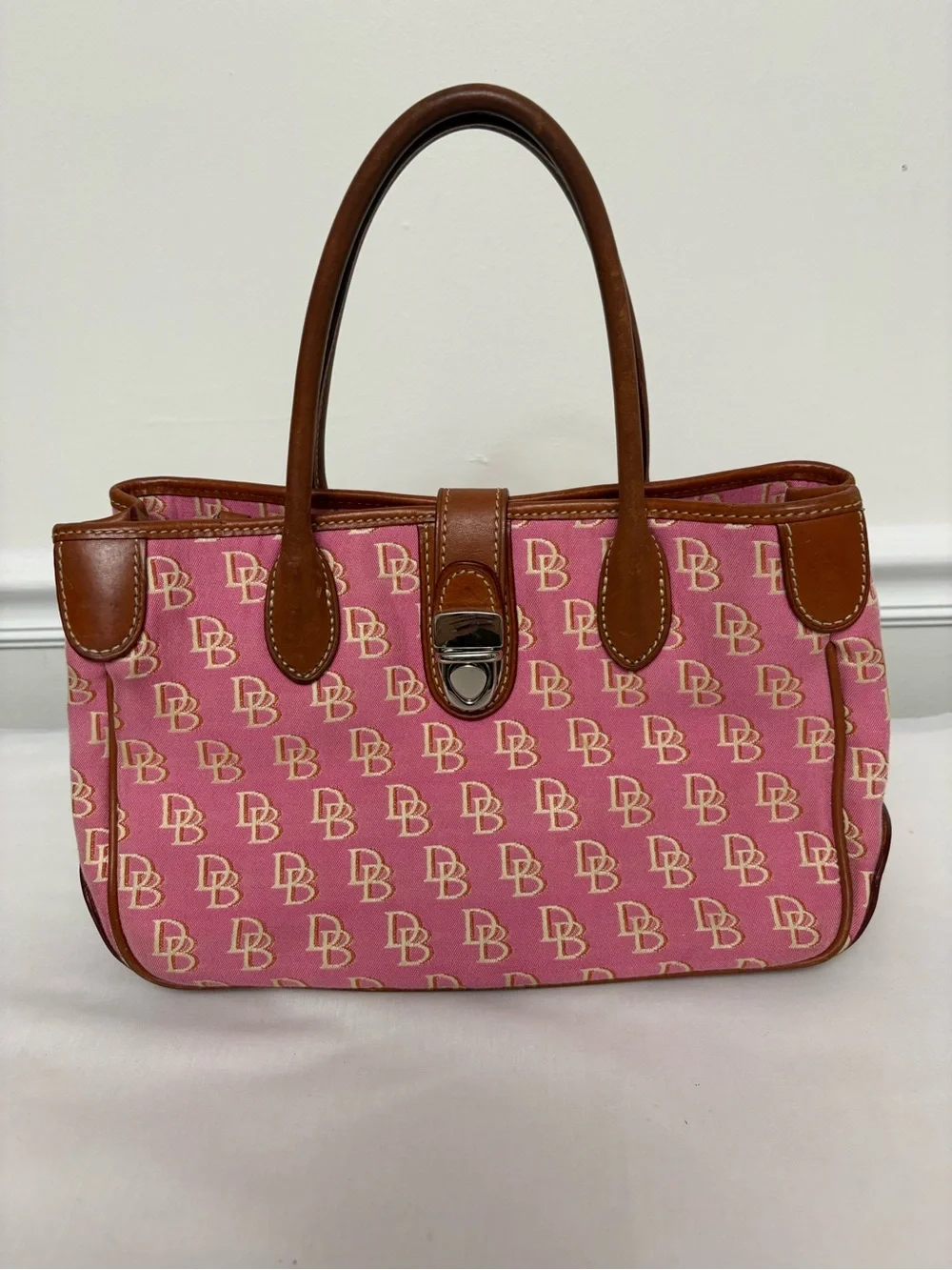 Dooney & Bourke Pink Logo Satchel with Brown Leather Trim